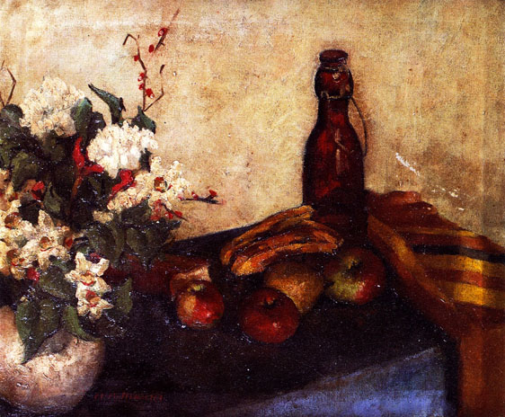 Still Life of Flowers in a Bowl, Fruit and a Glass Bottle: Date_Unknown