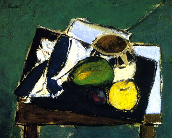 Still Life with Ceramic Bowl on Green Background: ca 1928-32