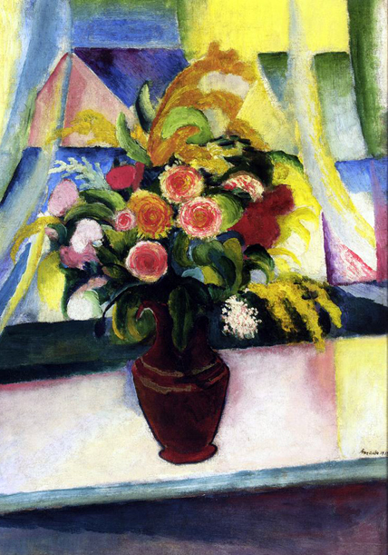 Still life colorful bunch of flowers in front of a window: 1913