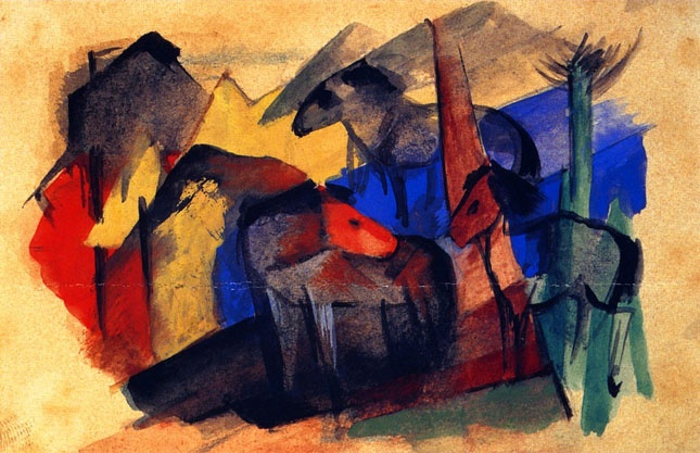 Three Horses in Landscape with Houses: 1913