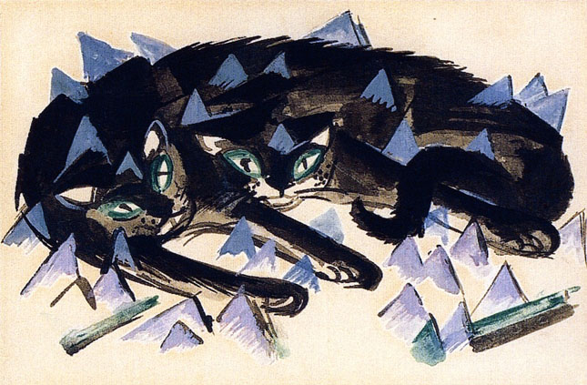 Two Reclining Black Cats: 1913