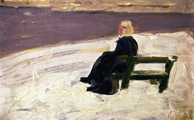 Woman in a Winter Landscape on a Green Bench: 1906
