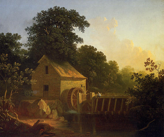 Landscape with Waterwheel and Boy Fishing: 1853