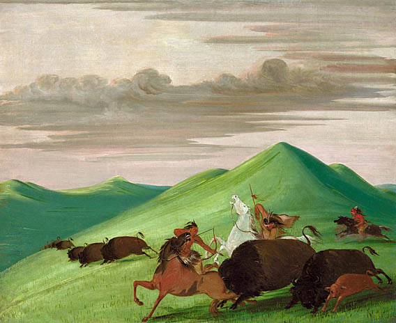 Buffalo Chase, Bull Protecting a Cow and Calf: 1832