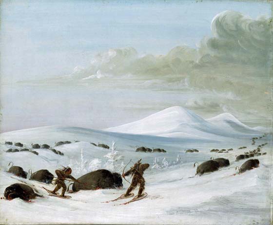 Buffalo Chase in Snowdrifts, Indians Pursuing on Snowshoes: 1832