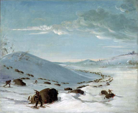 Buffalo Chase in Winter, Indians on Snowshoes: 1832