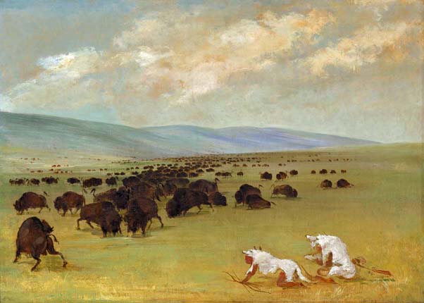 Catlin and His Indian Guide Approaching Buffalo under White Wolf Skins: 1847