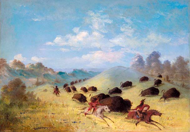 Comanche Indians Chasing Buffalo with Lances and Bows: 1846