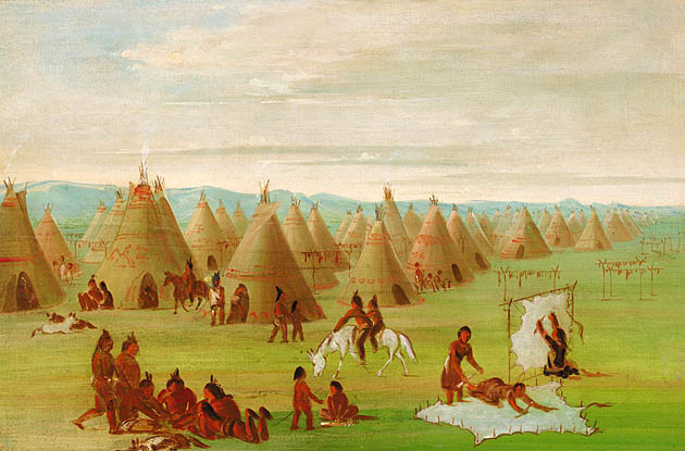 Comanche Village, Women Dressing Robes and Drying Meat: 1834
