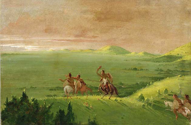 Comanche War Party, Chief Discovering the Enemy and Urging his Men at Sunrise: 1834