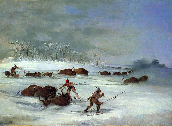 Sioux Indians on Snowshoes Lancing Buffalo: 1846