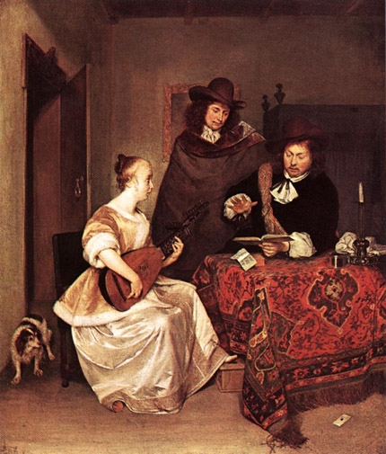 A Young Woman Playing a Theorbo to Two Men:  1667-68