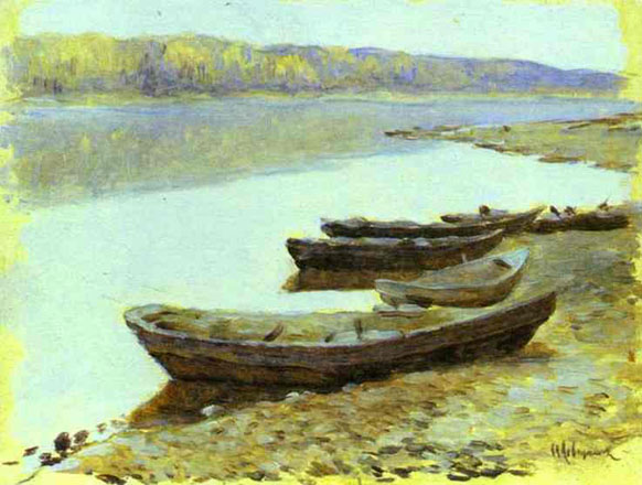 Landscape on the Volga, Boats by the Riverbank: Date Unknown