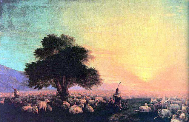 Flock of Sheep with Herdsmen, Sunset: ca 1860-70