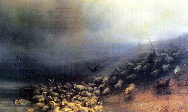 Flock of sheep in a gale: 1861