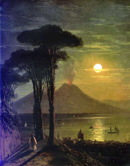 The Bay of Naples at moonlit night, Vesuvius: 1840