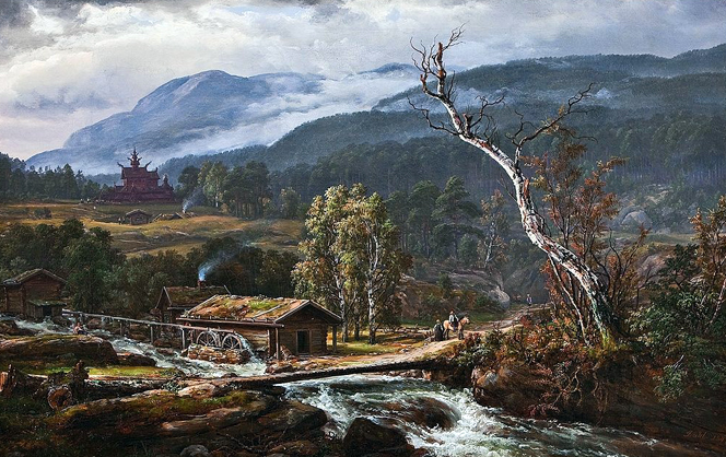 Landscape at Kaupanger with stave church: 1847