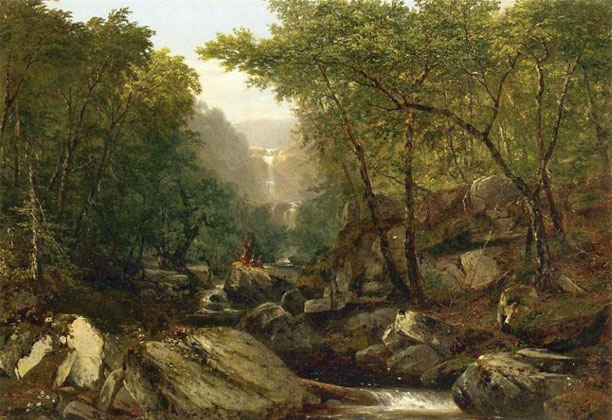 Waterfall in the Woods with Indians: 1850