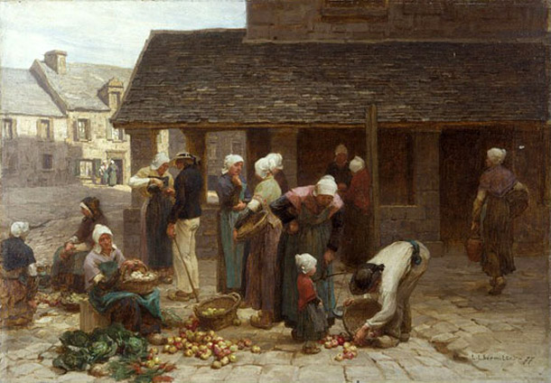 The Market Place of Ploudalmezeau, Brittany France: ca 1877