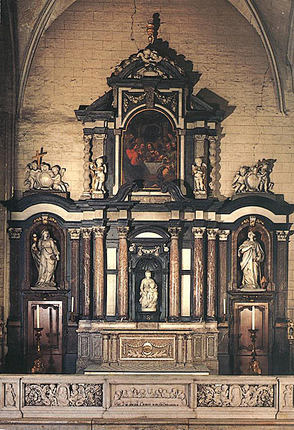 The picture shows Michelangelo's sculpture at the altar of the church of