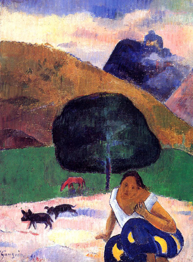 Landscape with Black Pigs and a Crouching Tahitian: 1891