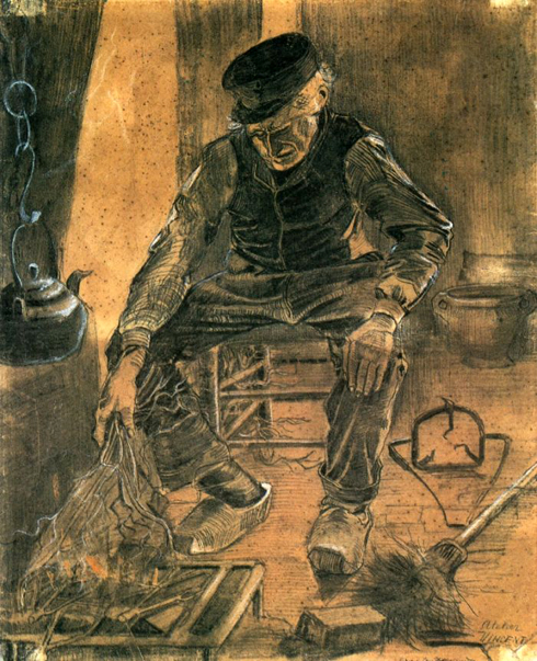 An Old Man Putting Dry Rice on the Hearth: 1881
