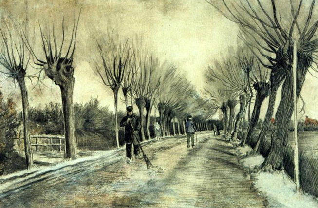 Road with Pollarded Willows and a Man with a Broom: 1881
