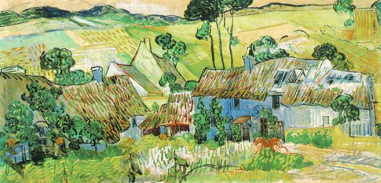 Thatched Cottages by a Hill: 1890